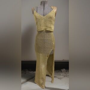 Vintage Gold Skirt Set Metallic Knit Mesh (2) Piece Size Medium By Uluwatu.